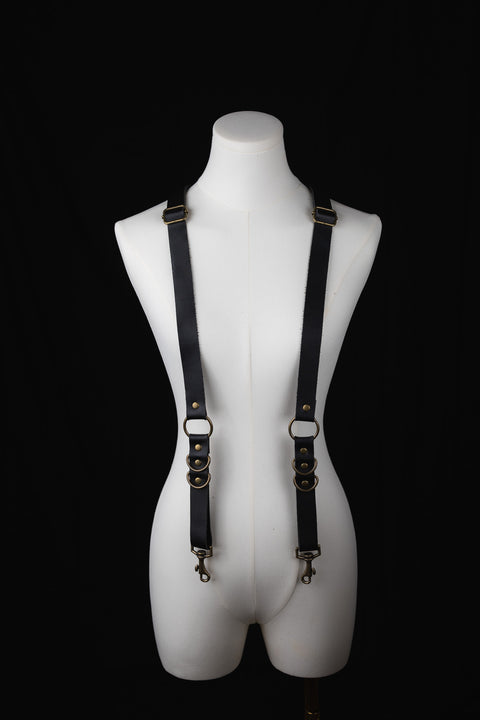Black leather Bijou by Juju Ecuadorian leather suspenders with brass clips and suspender clamps