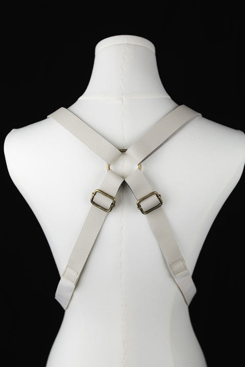 Ethically sourced leather suspenders with interchangeable brass clips and clamps