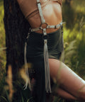 bijou by juju off white leather fringe harness with brass o-rings – handmade festival accessory