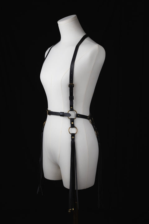 luxury leather harness with statement fringe and sculpted fit option