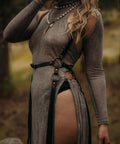 adjustable leather fringe harness with brass o-rings for festival and performance wear