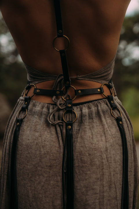 back of bold leather fringe harness for self-expression and movement – bijou by juju
