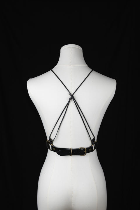 Leather corset with strap for necktie or cross-back styling
