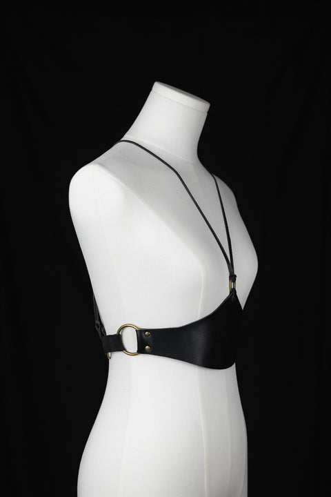 Black leather waist corset with central brass ring detail