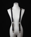 Black leather Bijou by Juju Ecuadorian leather suspenders with brass clips and suspender clamps