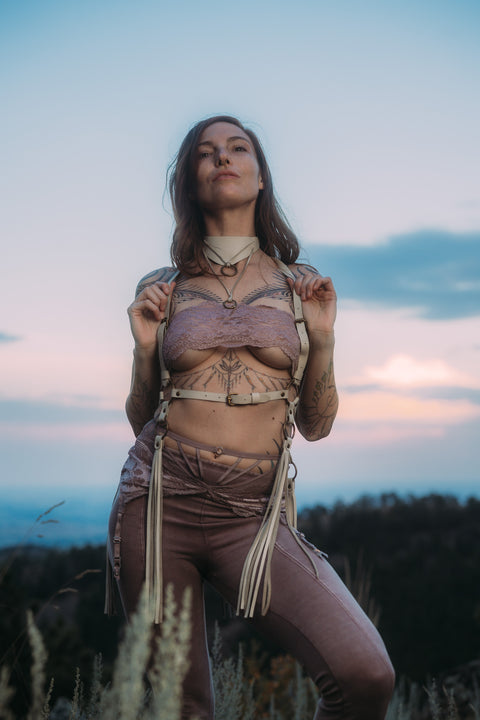 off white bijou by juju leather fringe harness with adjustable shoulder and hip straps