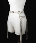 Statement-making off white leather fringe belt for evening looks