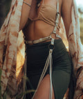 handmade off white festival harness with flowing leather fringe and adjustable straps