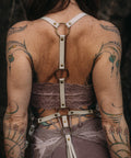 sculpted fit off white leather fringe harness – handmade with brass o-rings