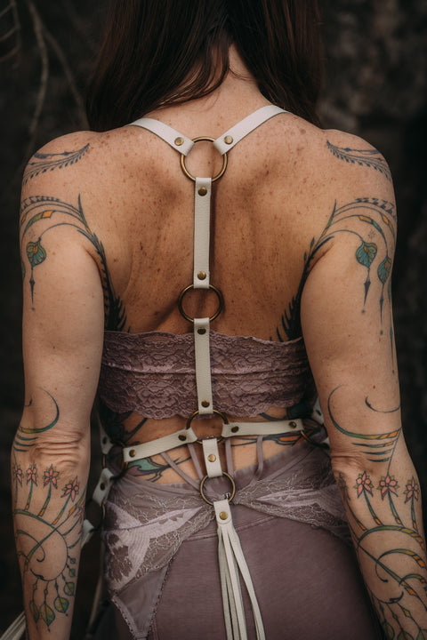 sculpted fit off white leather fringe harness – handmade with brass o-rings